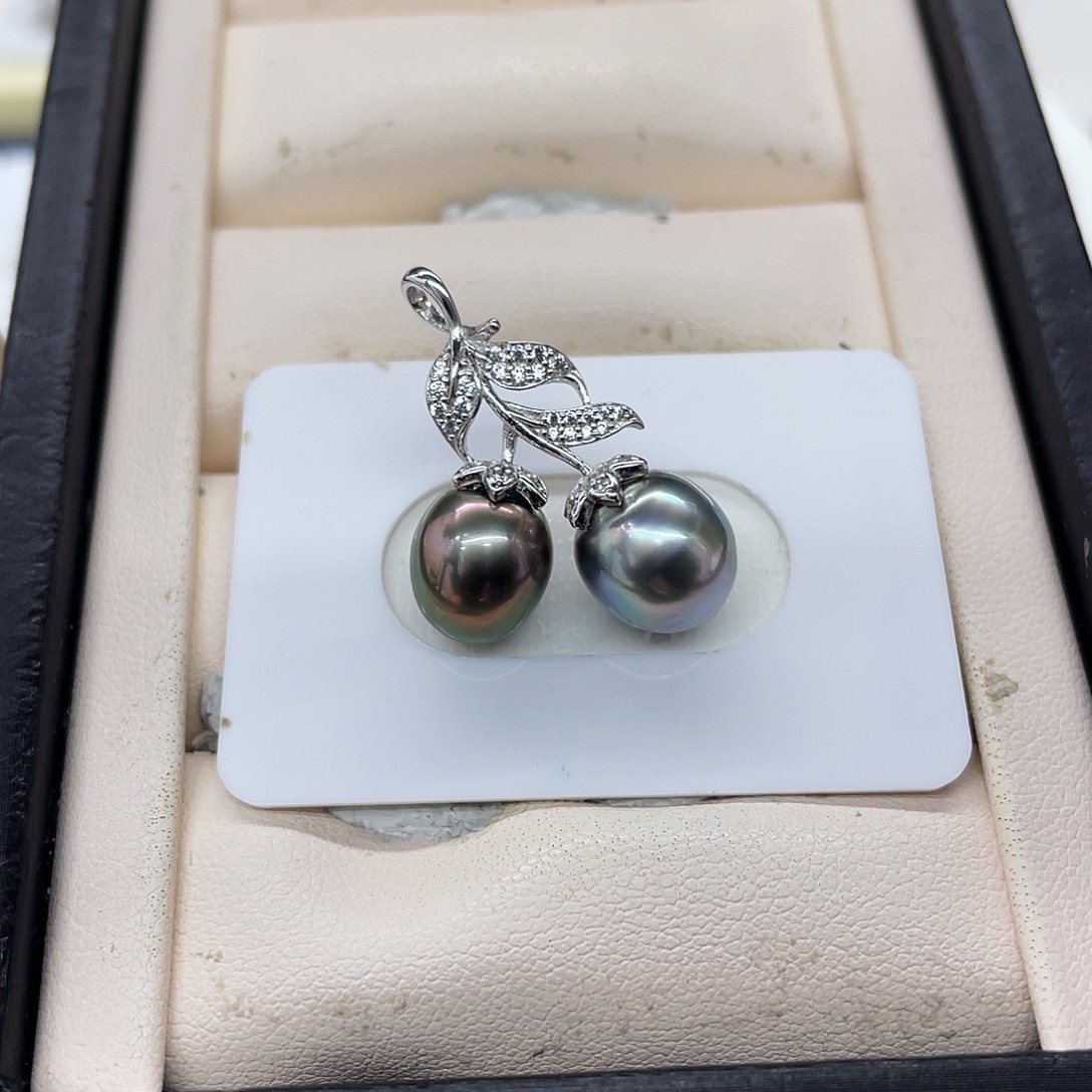 海水珍珠银S925镶嵌颈饰樱桃双珠炫彩吊坠9-10mm