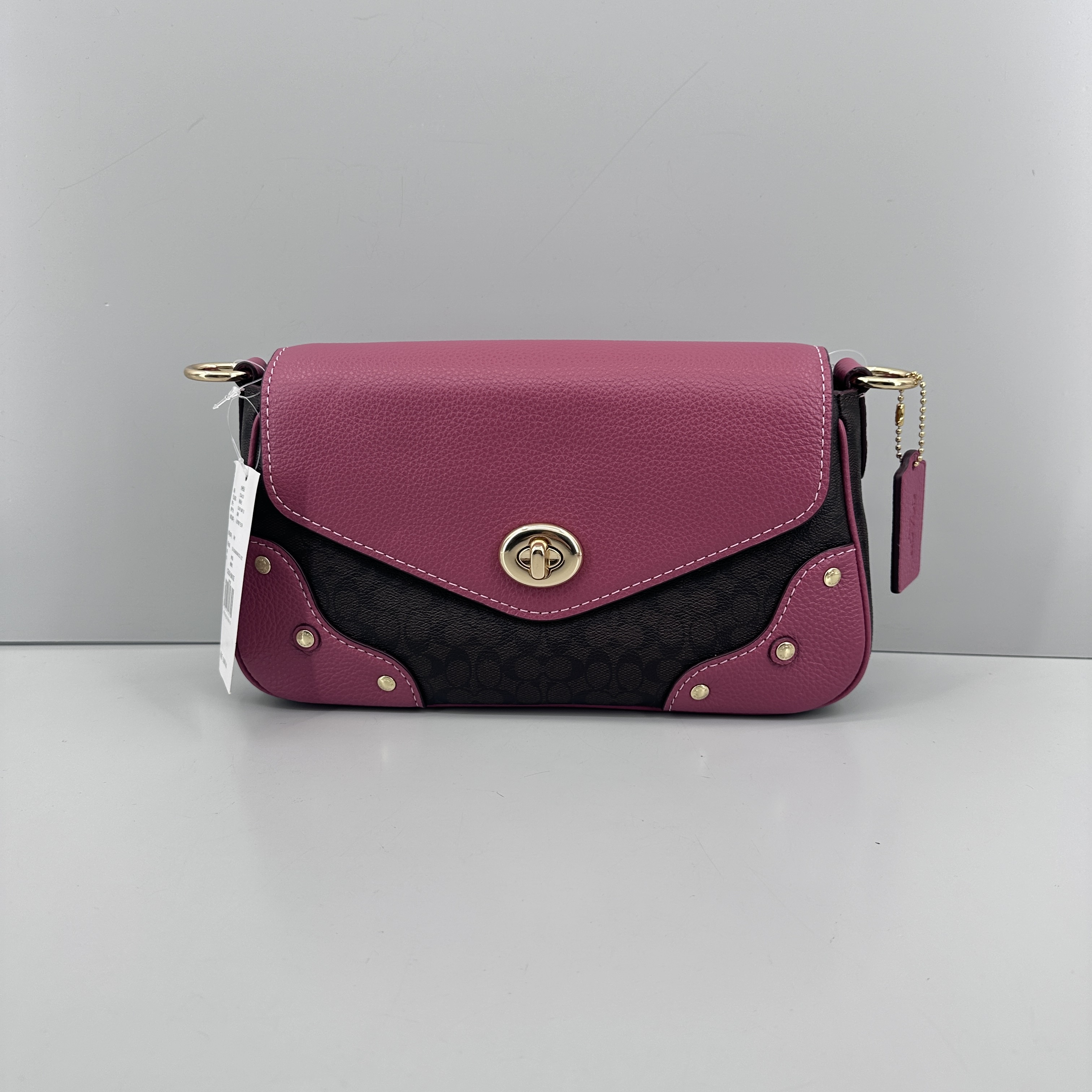 99新 COACH/蔻驰 millie27玫粉拼黑老单肩斜挎包27x16x7cmM010506