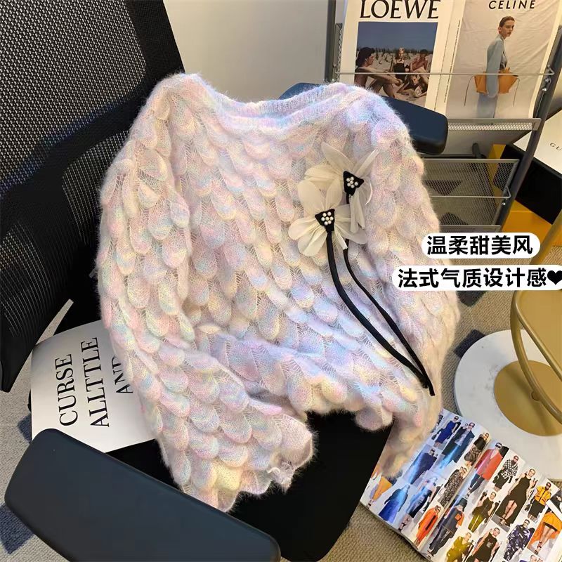 绒贝斯8894温柔风渐变针织衫女春季法式小众立体钩花毛衣别致上衣