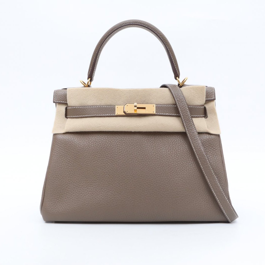99新 Hermes/爱马仕 小花6欢 Kelly 28 18大象灰 TC皮 Z刻 金扣包