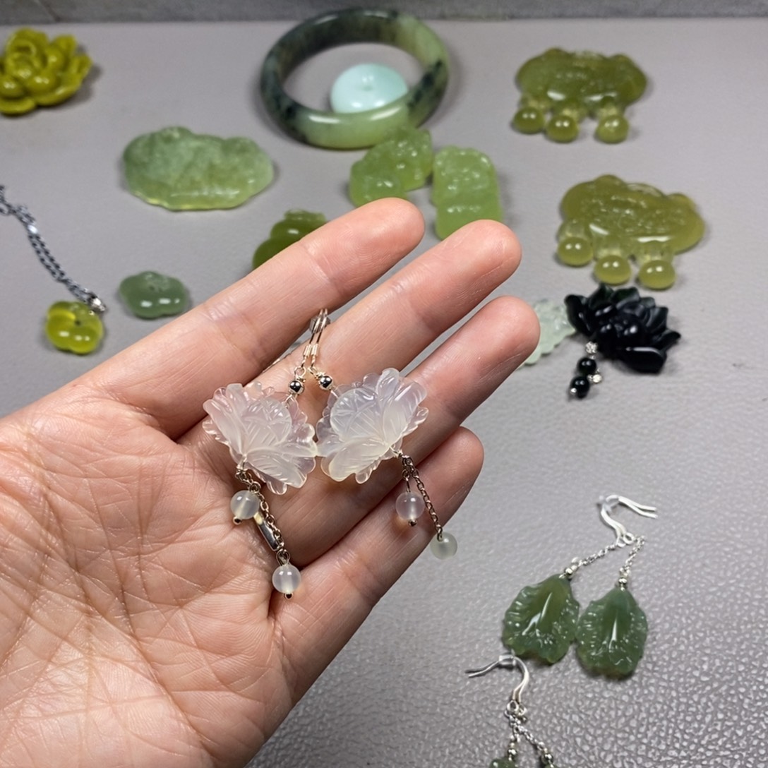 蛇纹石玉银S925镶嵌挂件耳饰耳环项链