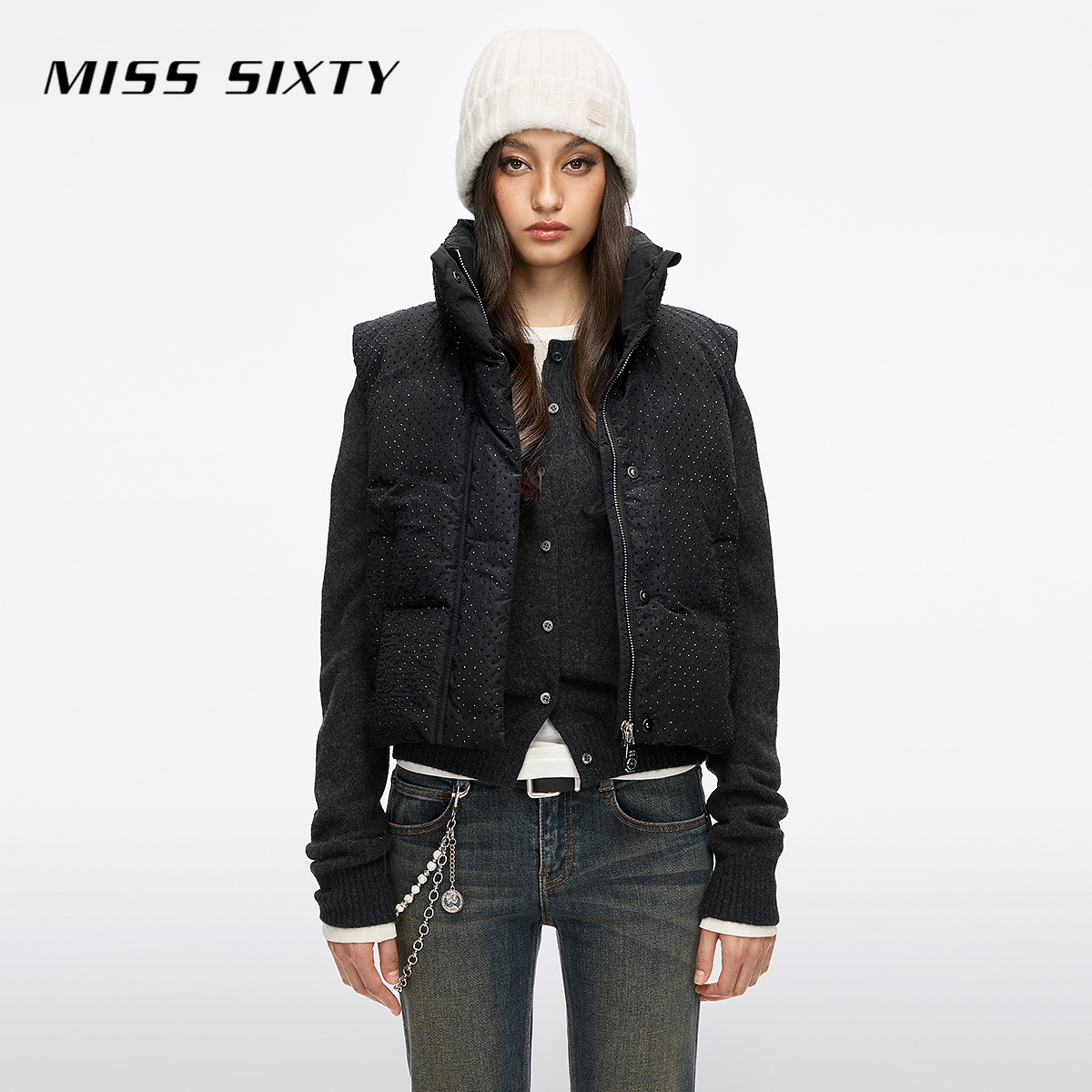 Miss Sixty2025冬季新款羽绒背心马甲无袖立领重工烫钻90鸭绒