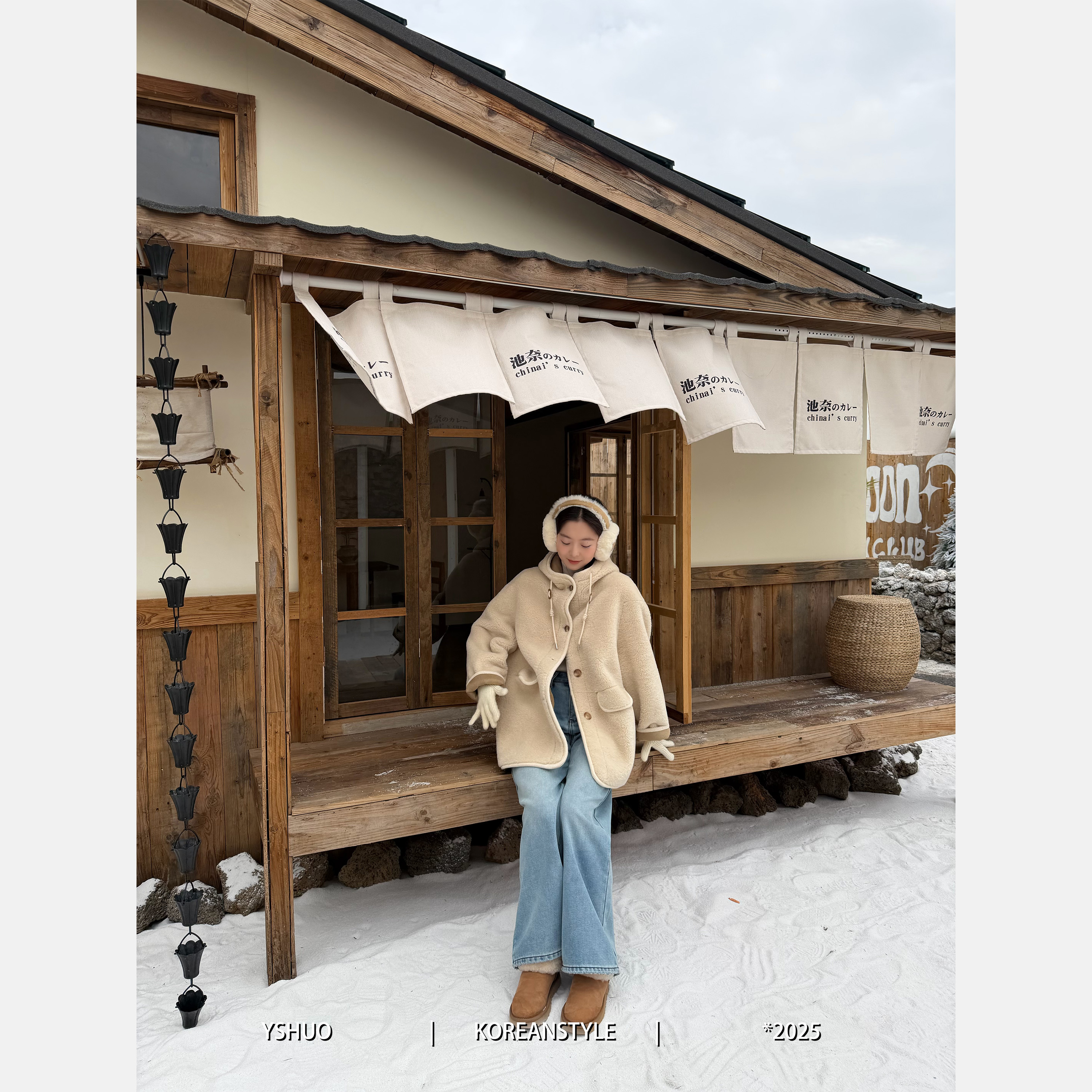 YSHUO【立冬暖阳】糯叽叽韩系一排扣连帽加厚毛毛中长款外套 8719