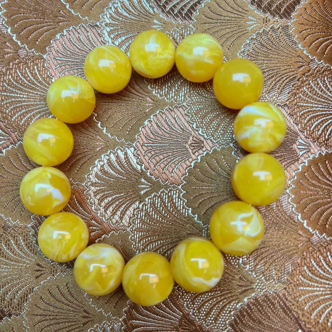 非金属手链 【 炎轩文趣斋】黄色带白色纹圆珠手串