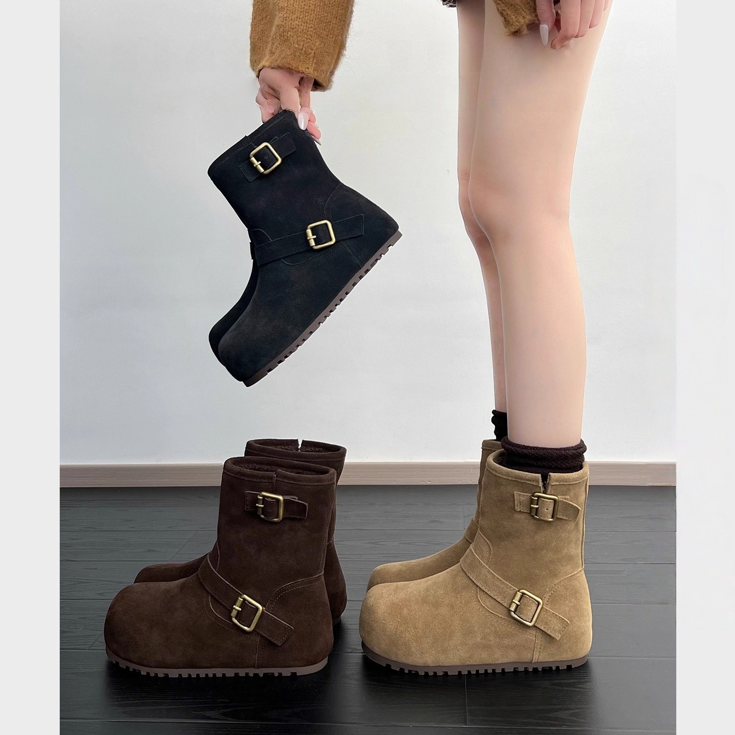 复古风扣带内增高勃肯短靴女2025年新款加绒保暖时尚两穿雪地靴