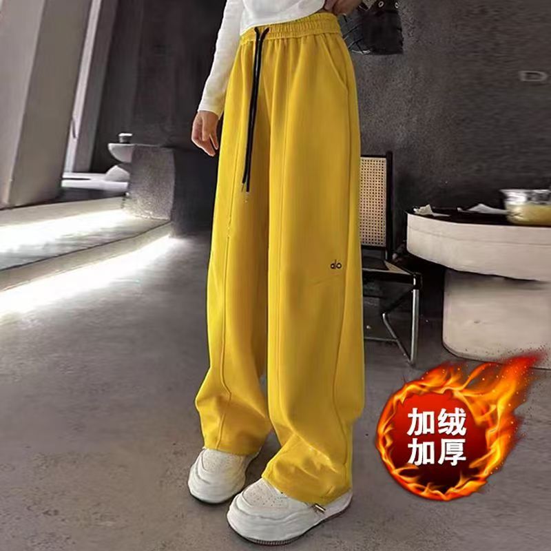2589加绒加厚女裤高腰纯色刺绣阔腿裤秋冬休闲裤宽松抽绳裤子