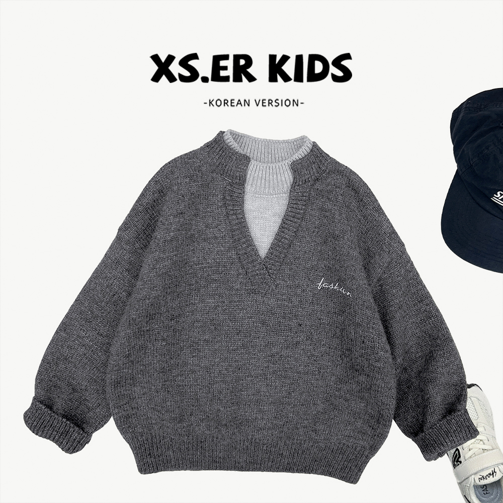 【小首尔】现货-冬款男女童套头加厚假两件设计款针织毛衣HBB8298