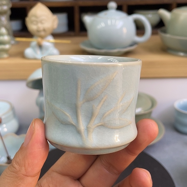 杯子陶瓷微瑕天青竹节杯