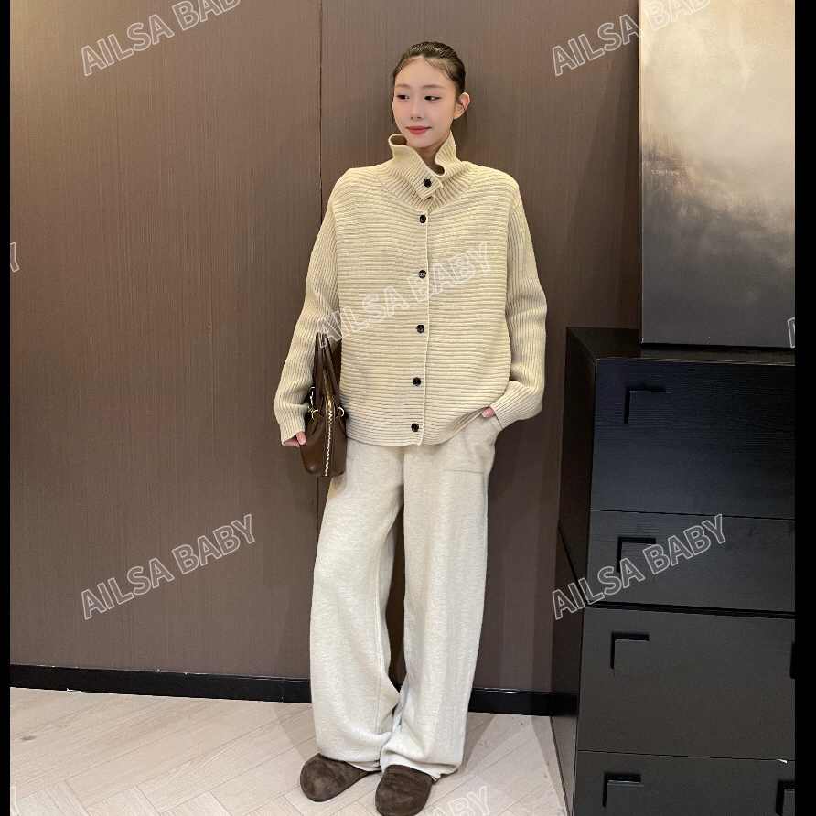 【AILSA BABY】欧货可立领可翻领单排扣横条纹毛衣裤子套装/120205A