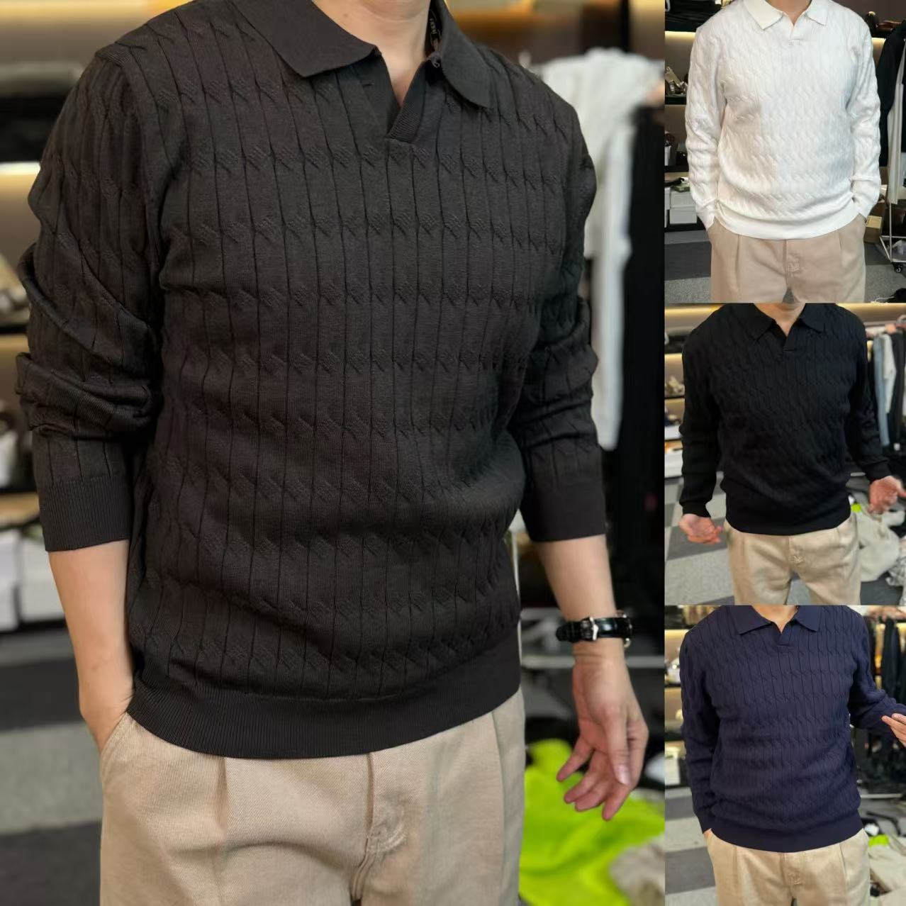 30194-针织长袖Polo衫韩版修身纯色冰丝休闲翻领半袖针织polo衫