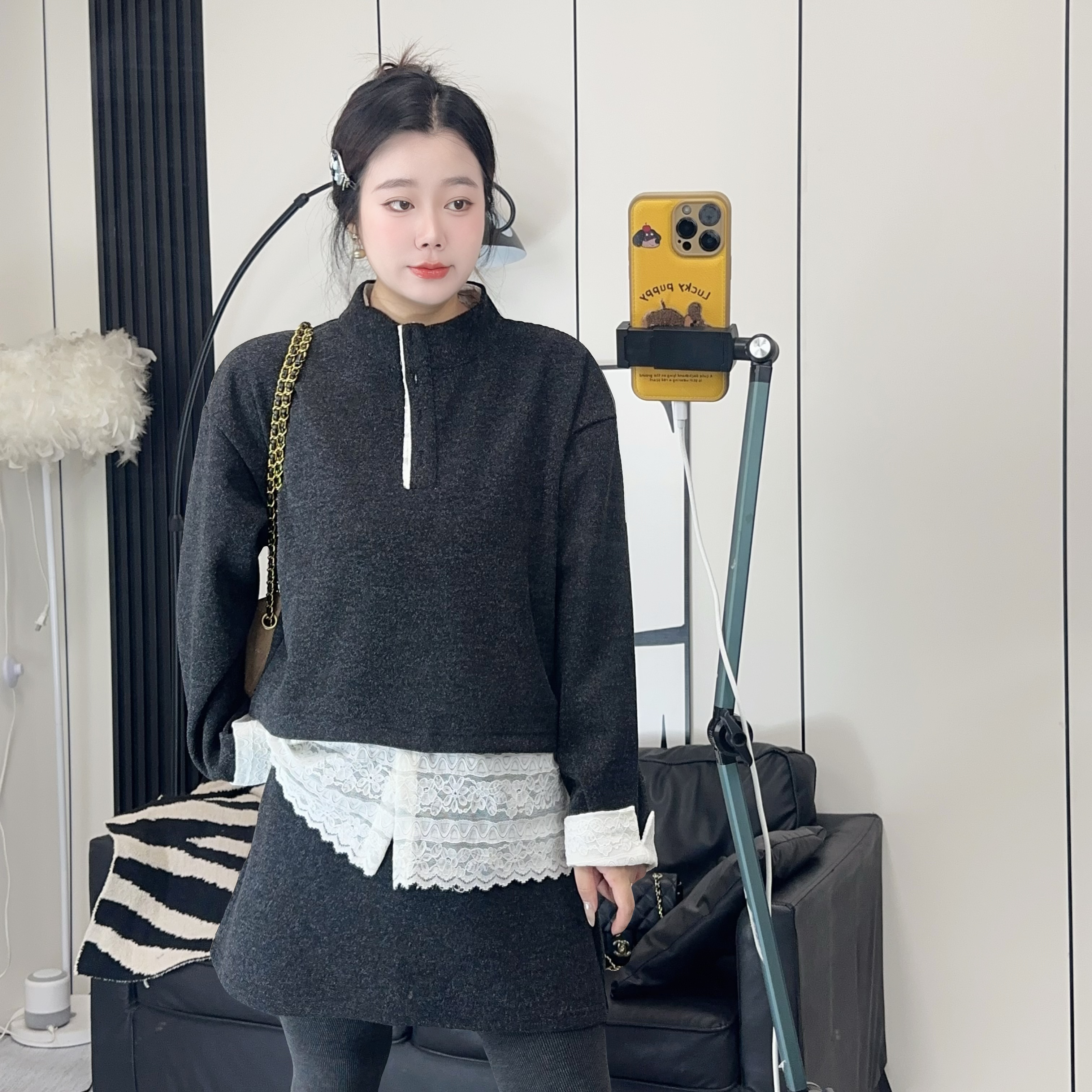 韩版时尚套装裙女秋冬蕾丝拼接高领卫衣+短裙气质连衣裙两件套潮