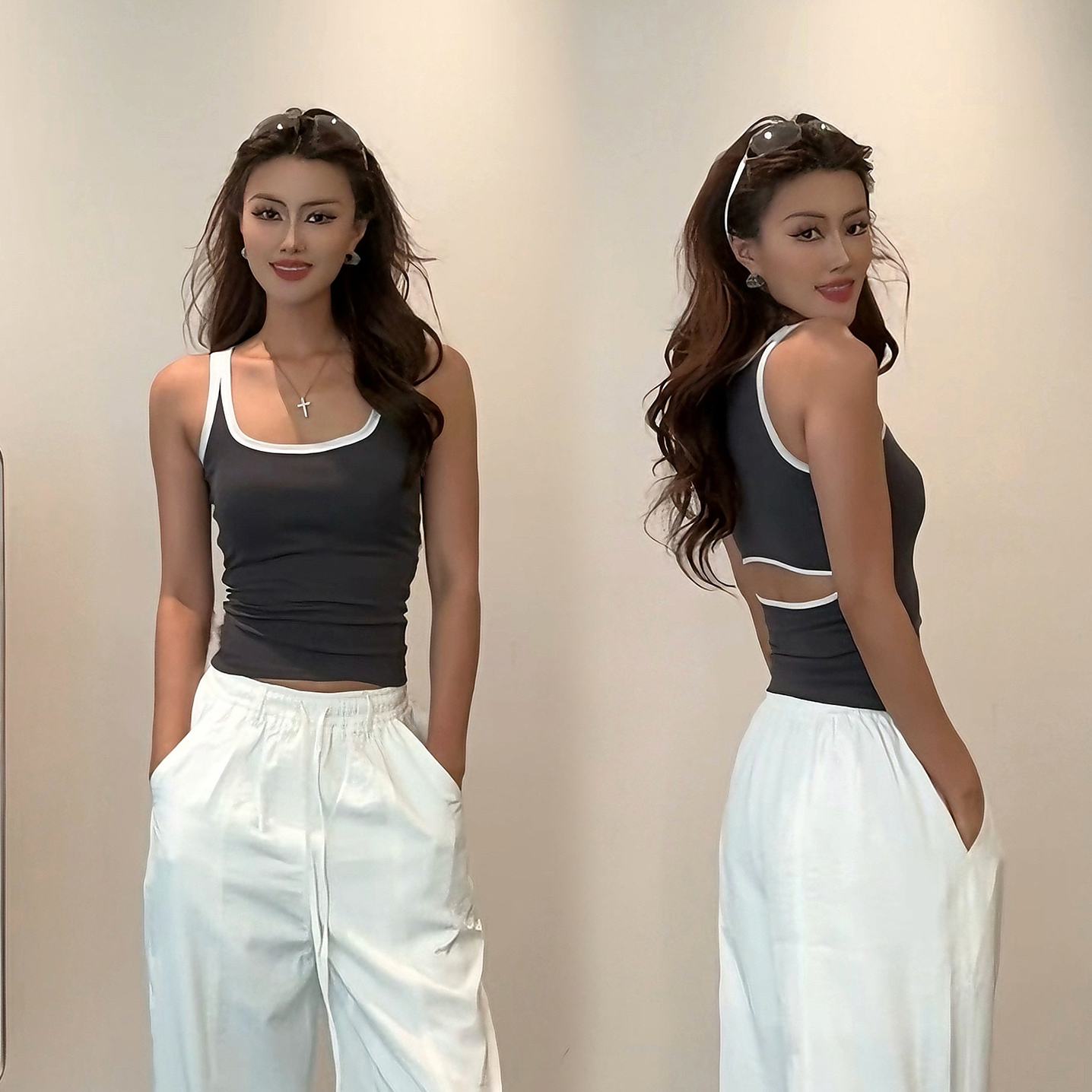 【Aliu自制】撞色宽肩背心女后背镂空设计修身辣妹上衣带胸垫吊带