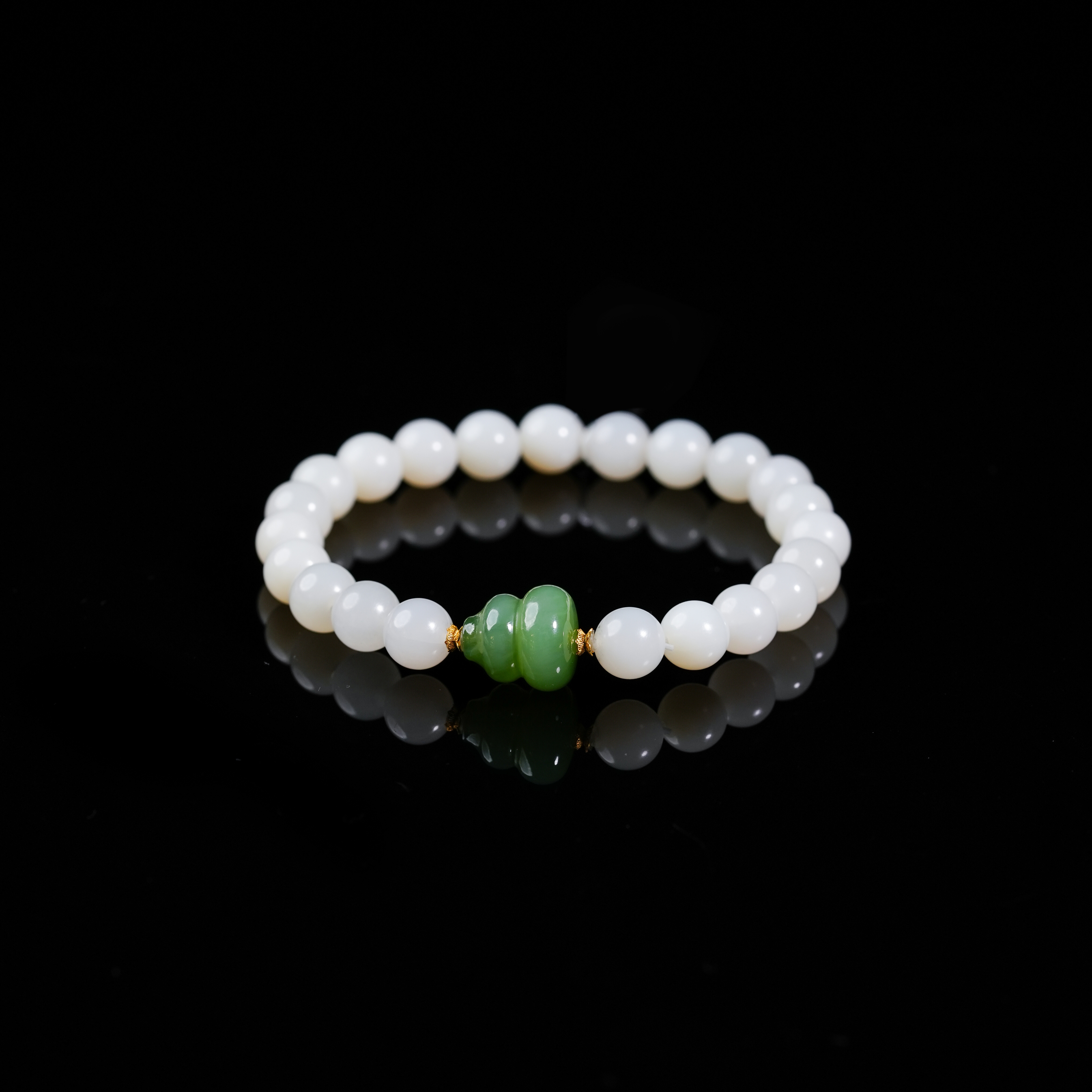 【下架】18k和田玉白玉搭碧玉葫芦手串 多样性发一 8mm/27*11