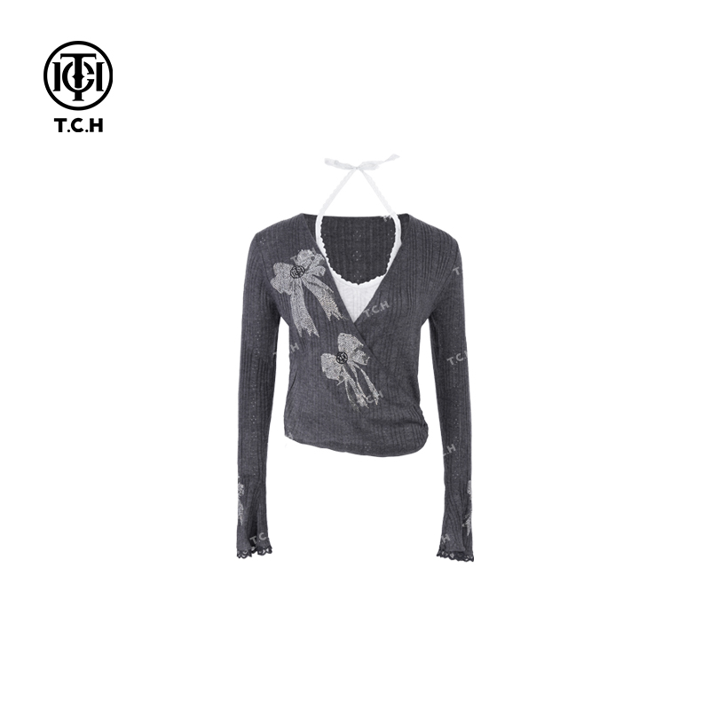 TCH现货轻奢烫钻工艺蝴蝶结时尚百搭针织衫女T75A09E5019