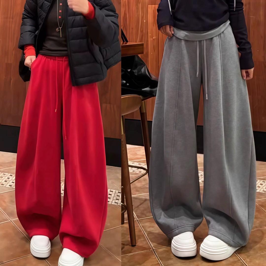 高腰抽绳加绒加厚阔腿休闲裤女2025冬新款韩版宽松弯刀裤运动卫裤