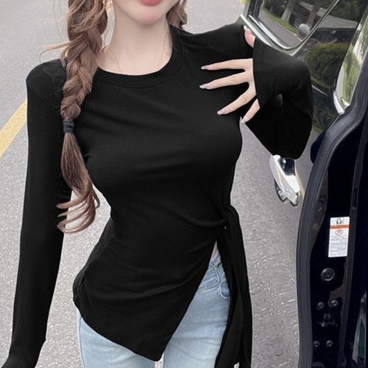法式不规则绑带甜辣长袖T恤女早秋新款洋气小众显瘦修身开叉上衣