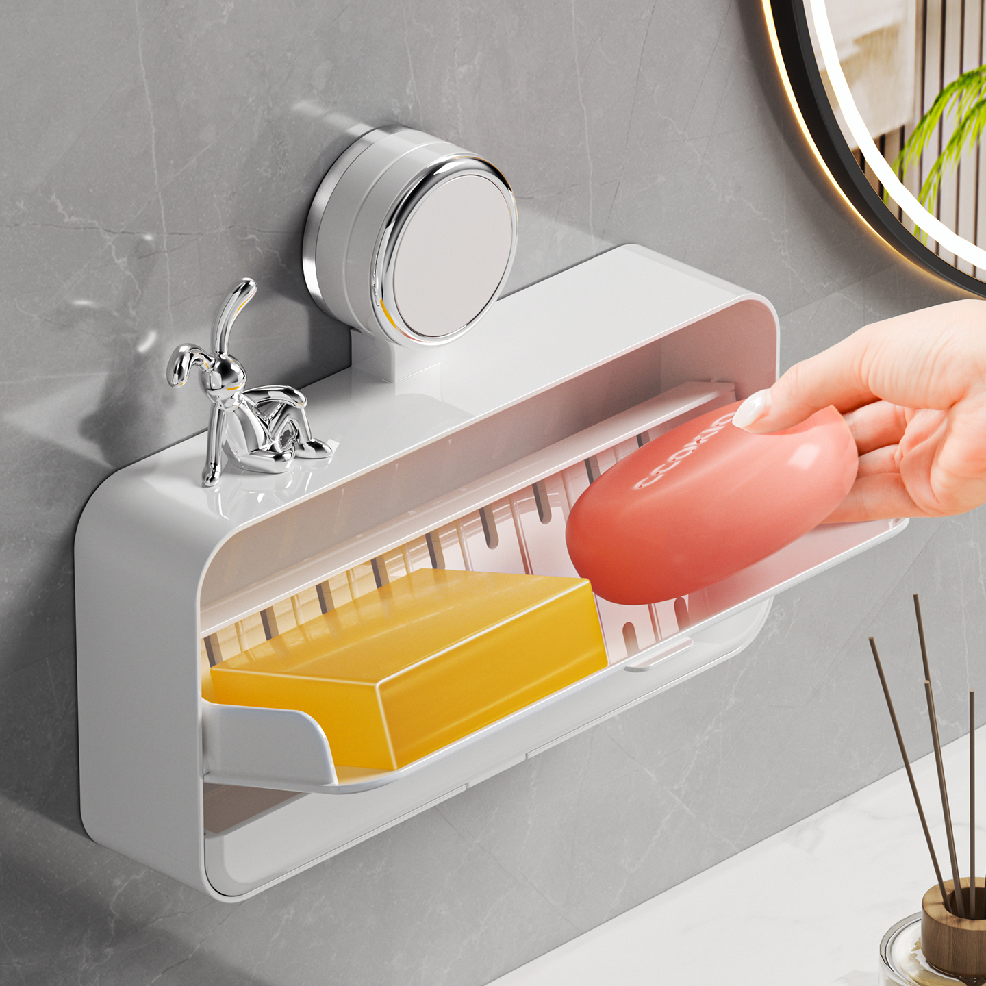 吸盘翻盖沥水肥皂盒家用高颜值壁挂香皂置物架卫生间免打孔收纳盒