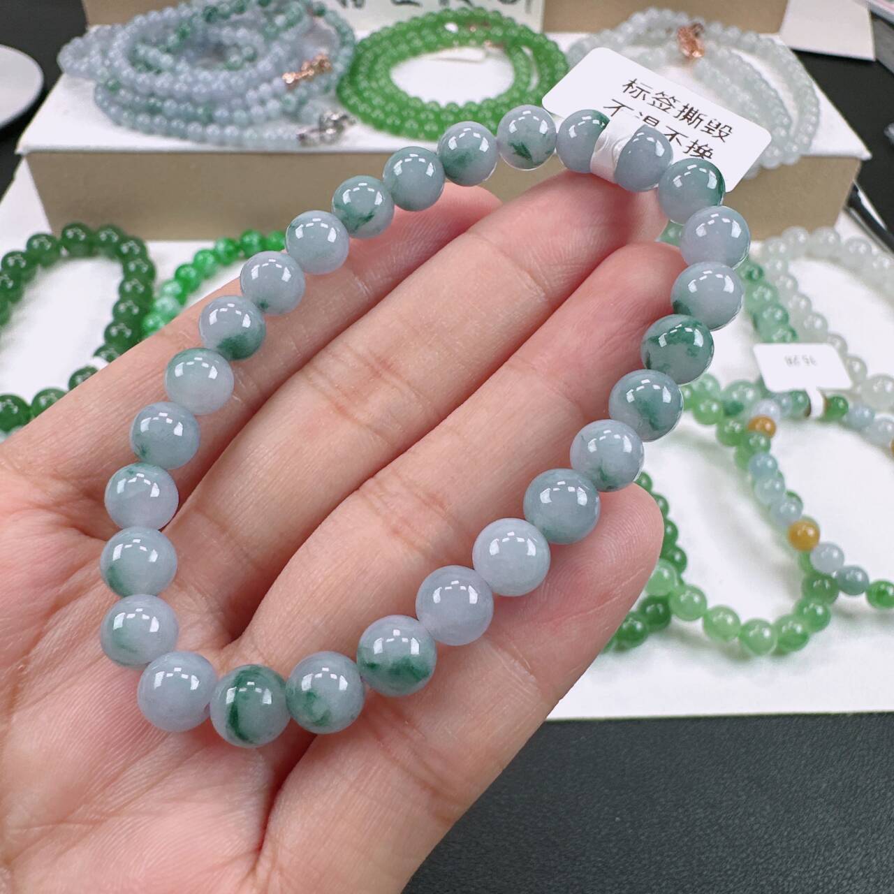天然A货翡翠卡7.1mm老坑糯冰种浅紫罗兰飘花圆珠单圈女士手串