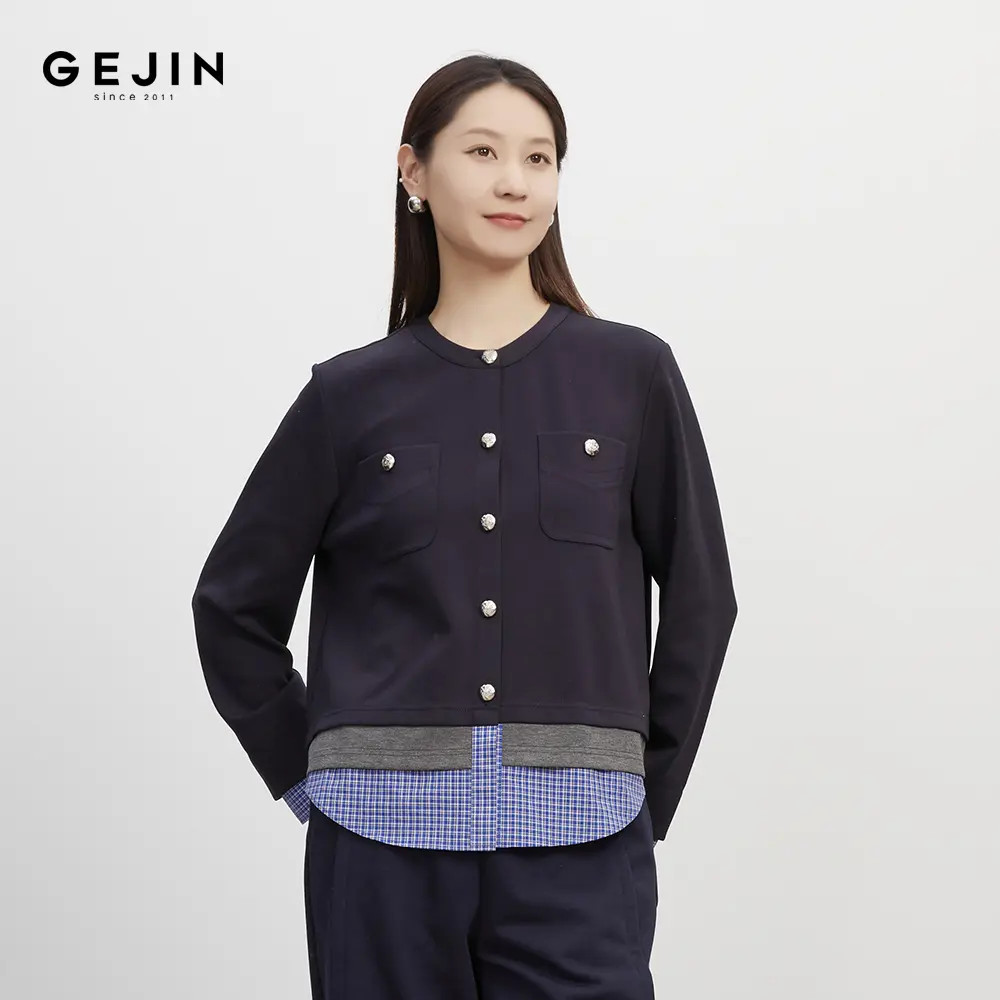 GEJIN/歌锦早秋新款法式优雅时尚拼接休闲百搭针织上衣9332572305