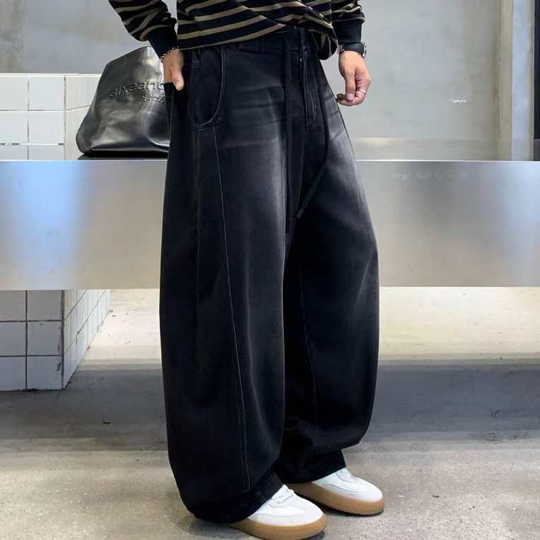 8962松紧腰简约重工水洗磨毛软牛仔冬季弯刀宽松立体裁剪牛仔裤