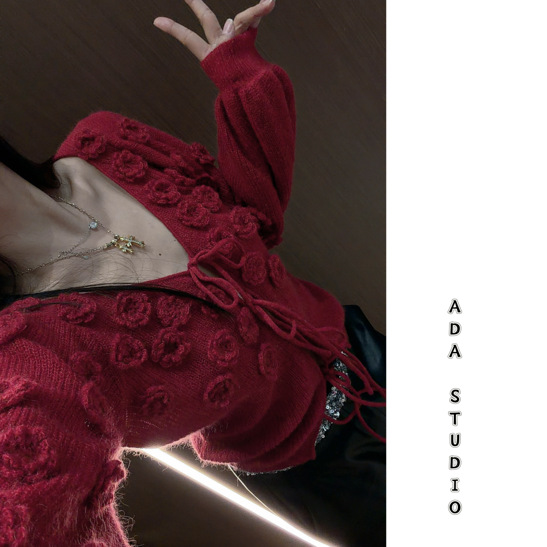 Ada定制【酒渍玫瑰】高级感立体花朵红色针织毛衣新年本命年外套