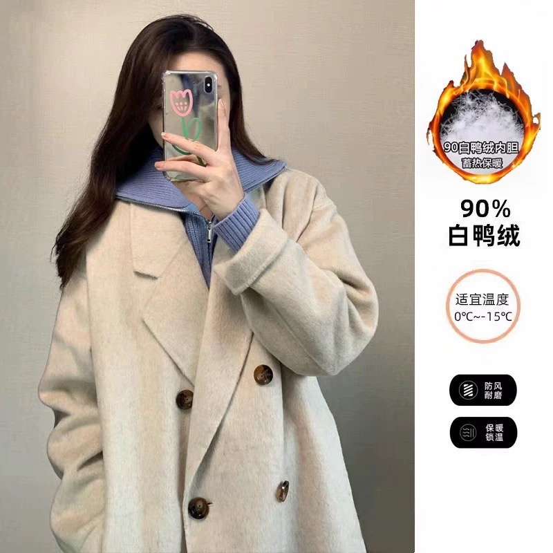 灰色高级感大衣女2025秋冬季新款白鸭绒内胆呢子外套MN35