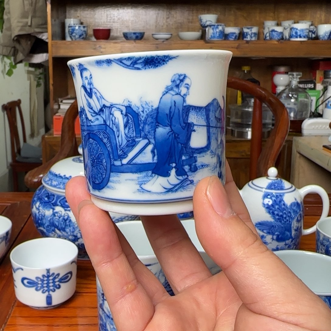 青花老子下山图手工手绘