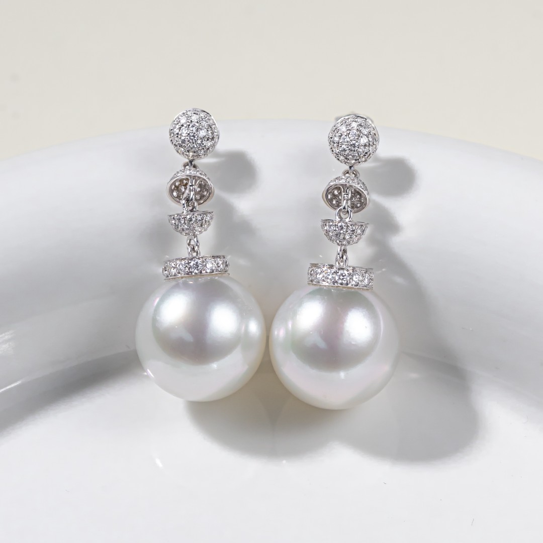 AKOYA【孤品】海水澳白珍珠QC耳环18k金镶钻13mm百搭时尚2374