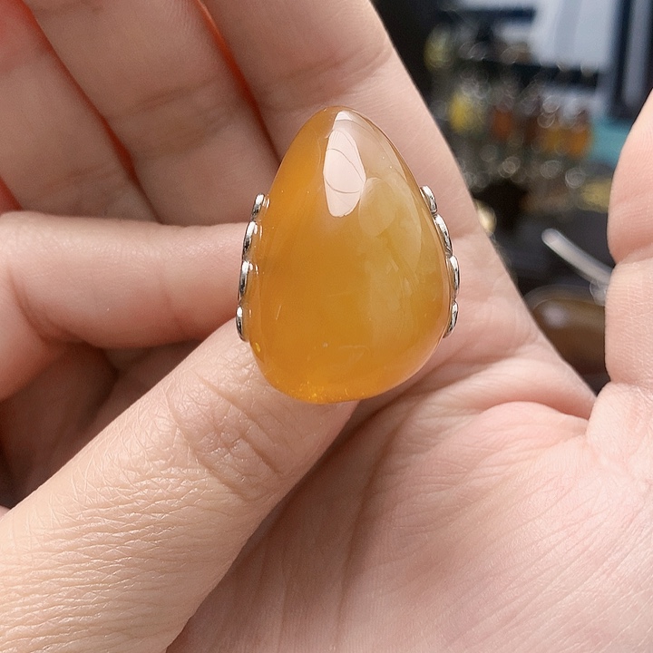 琥珀裸石银S925镶嵌戒指