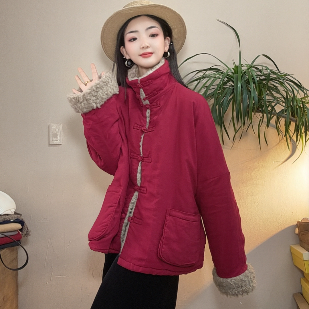 麻豆豆服饰精选（喜乐)盘扣麻布毛毛棉服