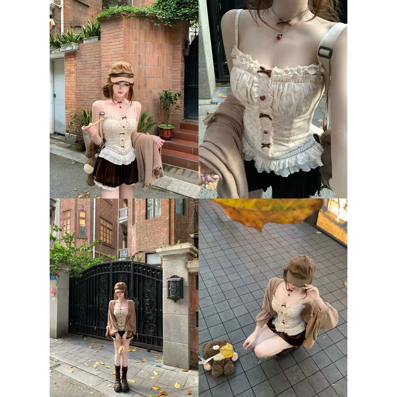 瑞茜·威瑟斯 焦糖玛奇朵 氛围感吊带上衣开衫花苞短裤 R2353-1L