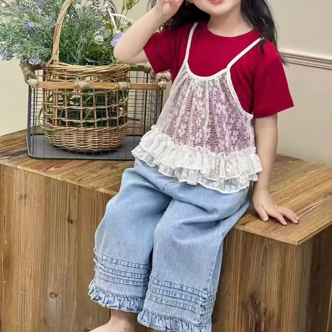 套装夏季秋季小童洋气女蕾丝韩版衬衫常规卡通动漫