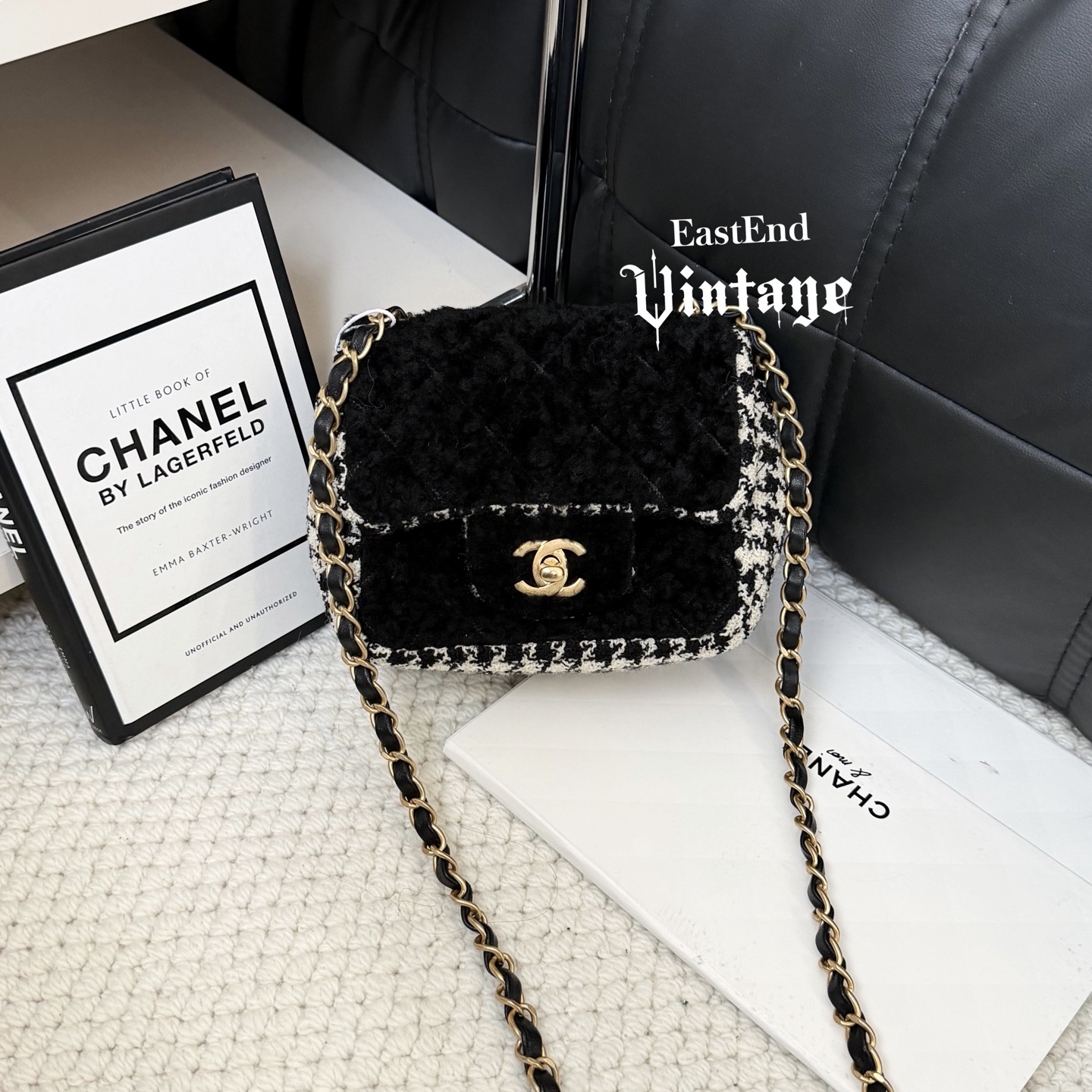 95新 Chanel/香奈儿 東区-黑色羊羔千鸟格方胖子单肩包/59660