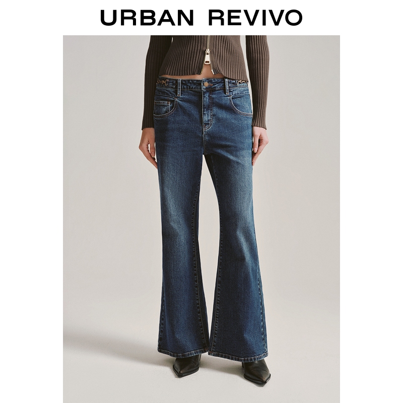UR2025冬季新款女装魅力丹宁做旧水洗喇叭牛仔长裤UWG850200
