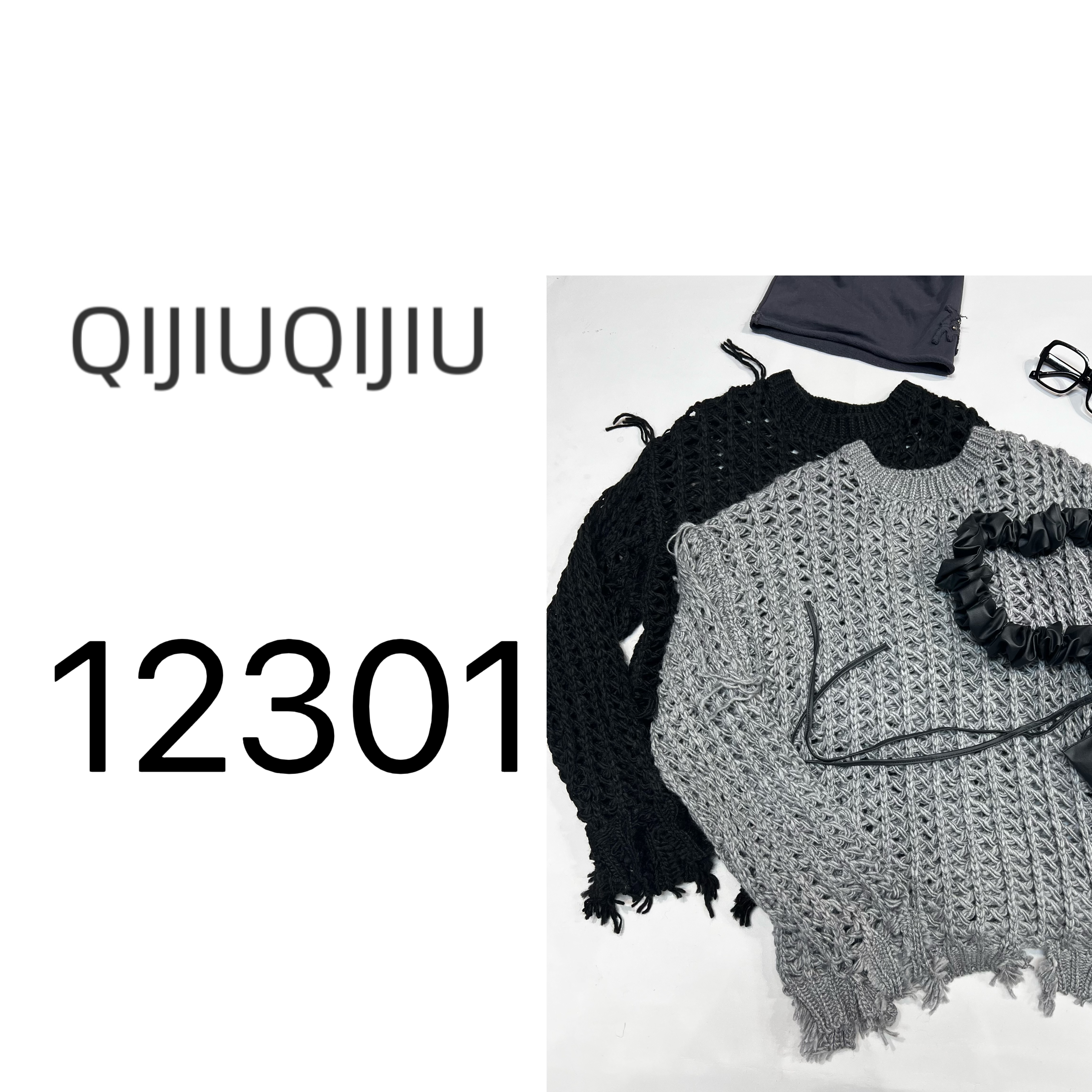 QIJIUQIJIU2025秋季新款小众潮流原镂空编织手工毛衣12301