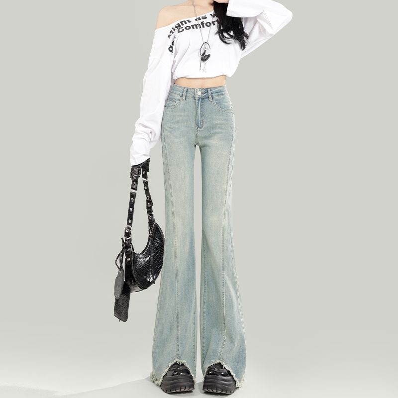 浅色微喇牛仔裤女2025年春季新款高腰修身显瘦马蹄裤毛边拖地裤