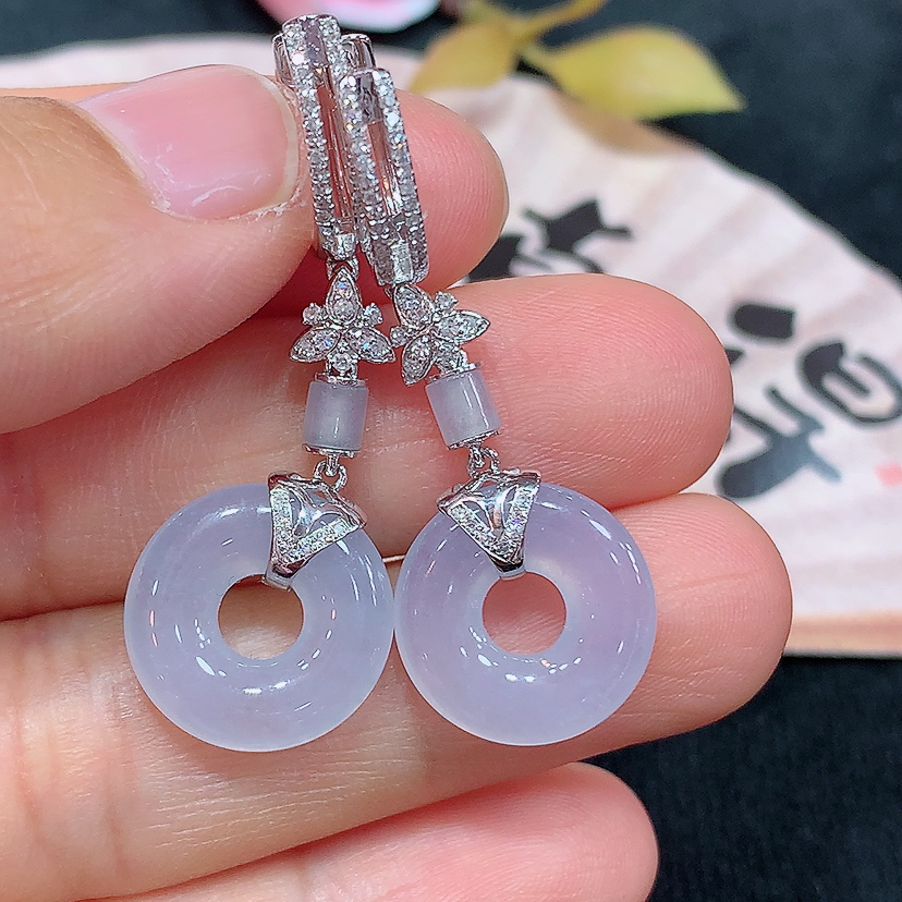 18k金天然A货翡翠冰紫甜甜圈耳扣精美气质精致