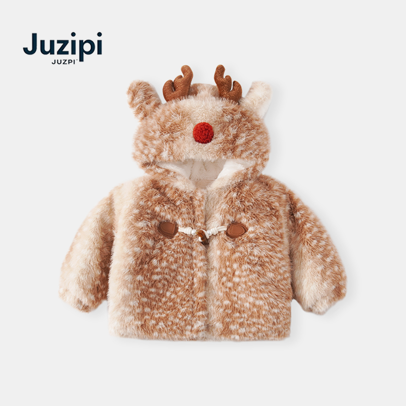 橘止皮「雪绒小鹿」女童毛毛衣冬季加绒圣诞儿童连帽外套DW259914