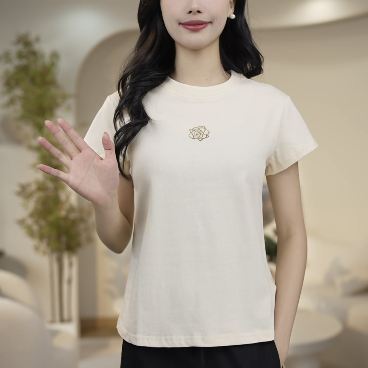 {专柜正品}同款2025春显瘦纯色玫瑰花图案短袖套头T恤上衣1300996