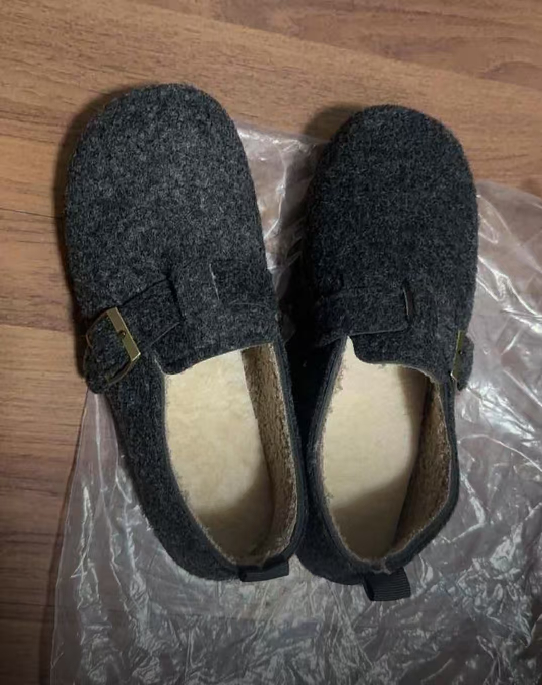 复古圆头毛毡加绒勃肯加绒秋冬季一脚蹬保暖棉瓢鞋毛呢雪地靴乐福