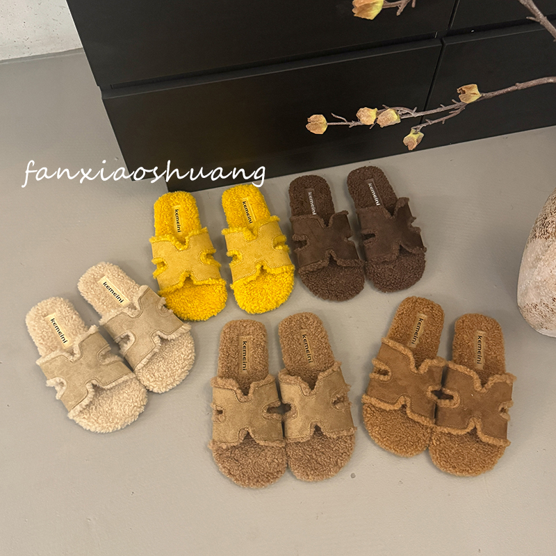 网红毛绒平底一字棉拖鞋女外穿2025秋冬新款软底舒适一脚蹬毛毛拖