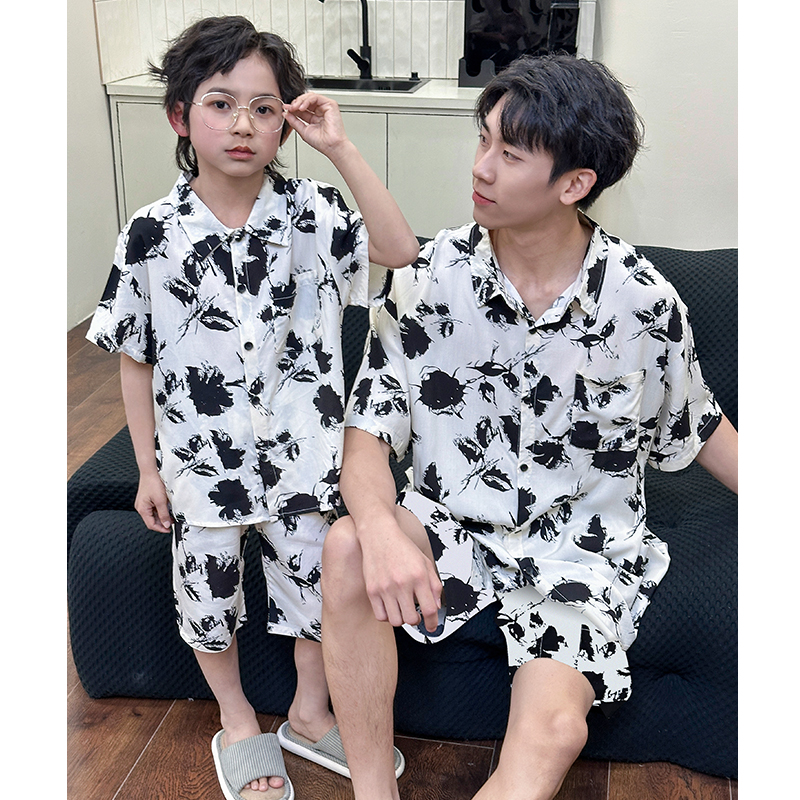 夏季父子装男款棉绸睡衣男童亲子薄款家居服空调服套装