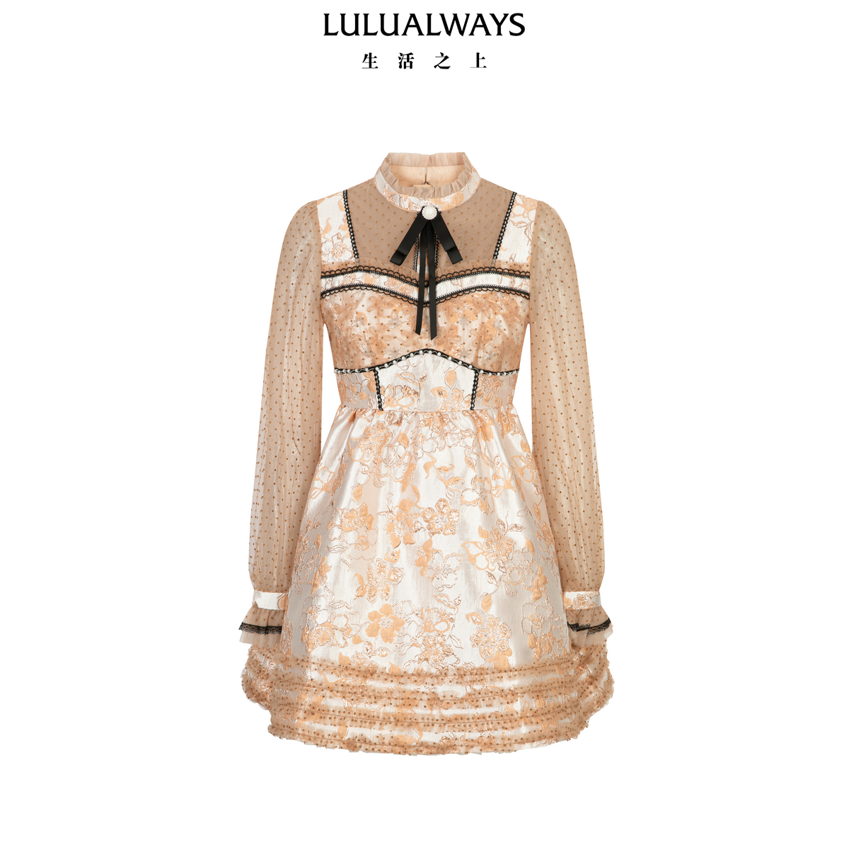 LULUALWAYS我爱露露26春季新款法式公主风收腰香槟色短款连衣裙