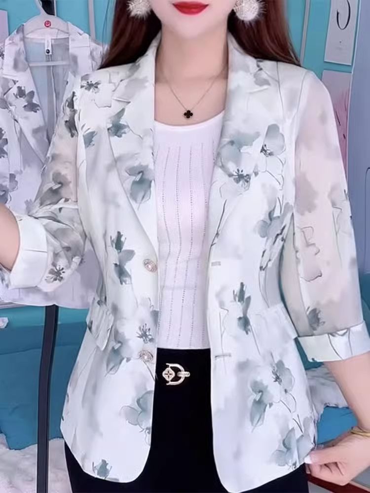夏季透气高档防晒衣女外穿西装外套2025时尚印花气质西服上衣潮流