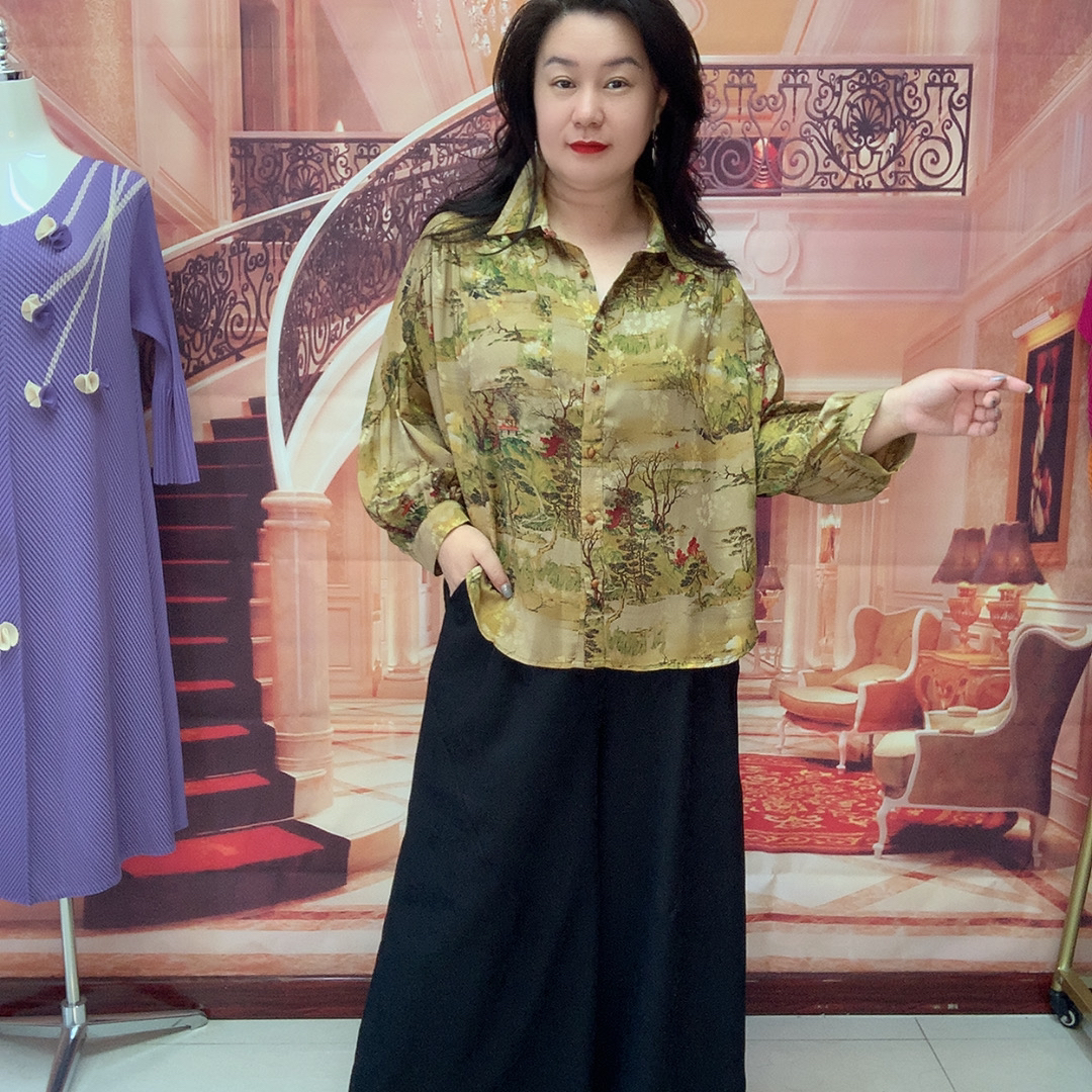 中老年春夏洋气丝缎衬衫七分袖宽松遮肉显瘦休闲上衣