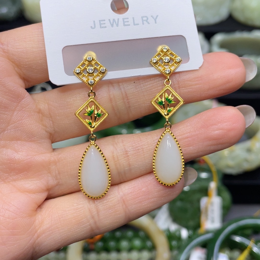 和田玉银S925镶嵌耳饰