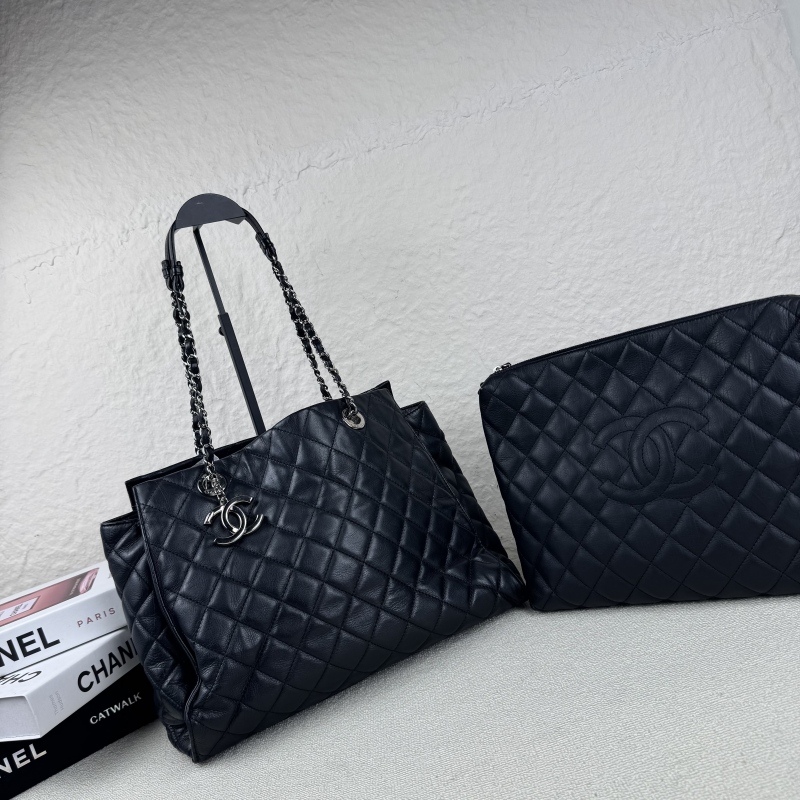 95新 Chanel/香奈儿 黑银牛皮子母托特菱格纹单肩包 底长34 19开