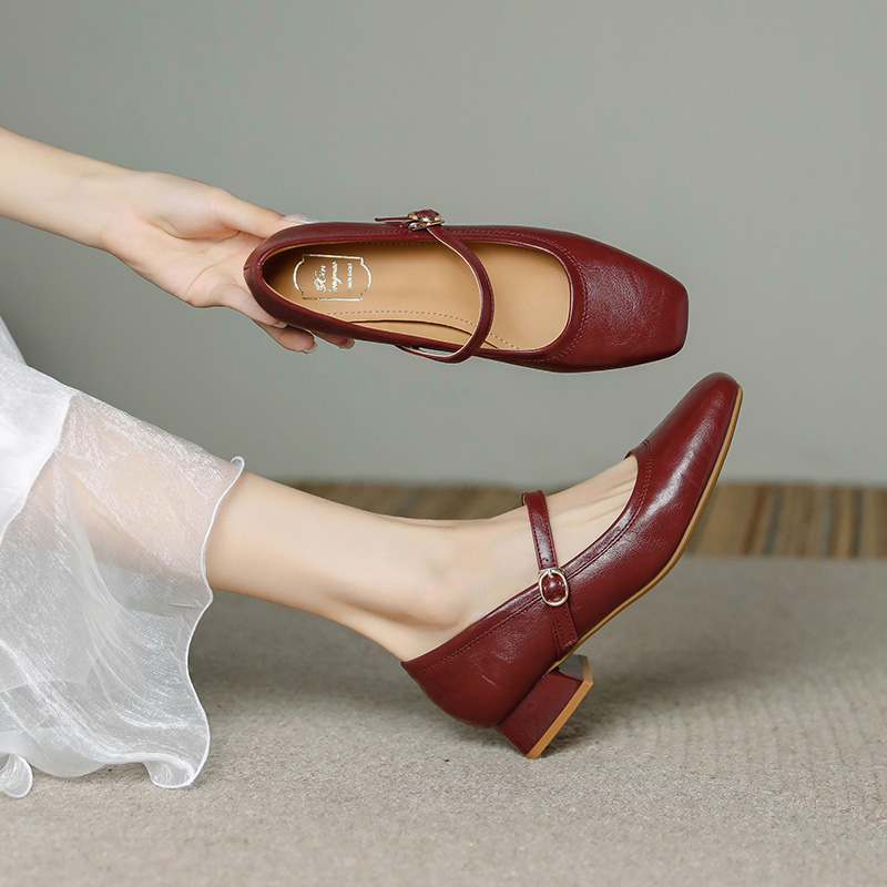 法式低跟方头粗跟玛丽珍鞋软皮复古旗袍单鞋女新娘鞋伴娘婚鞋3CM