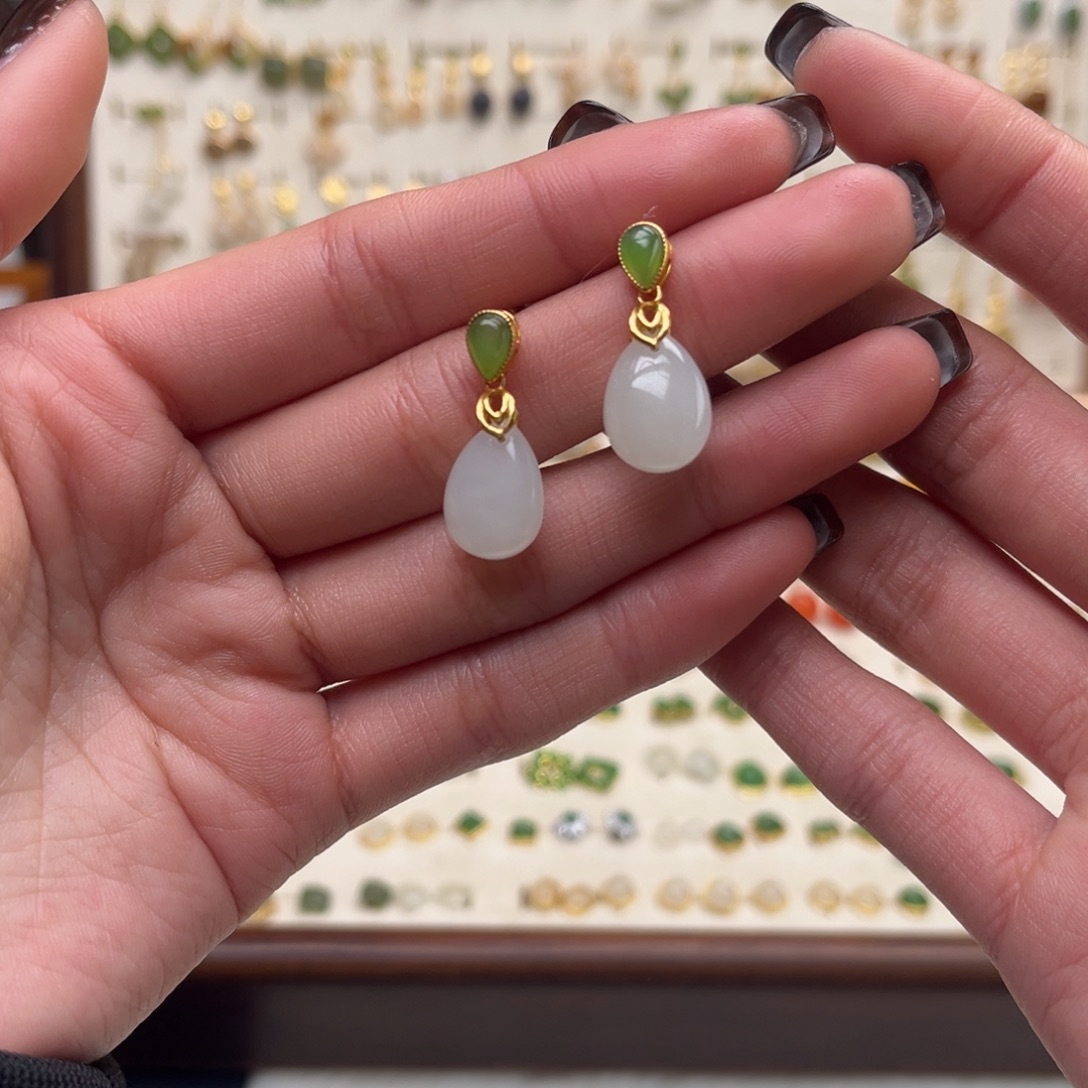 和田玉银S925镀金镶嵌耳饰