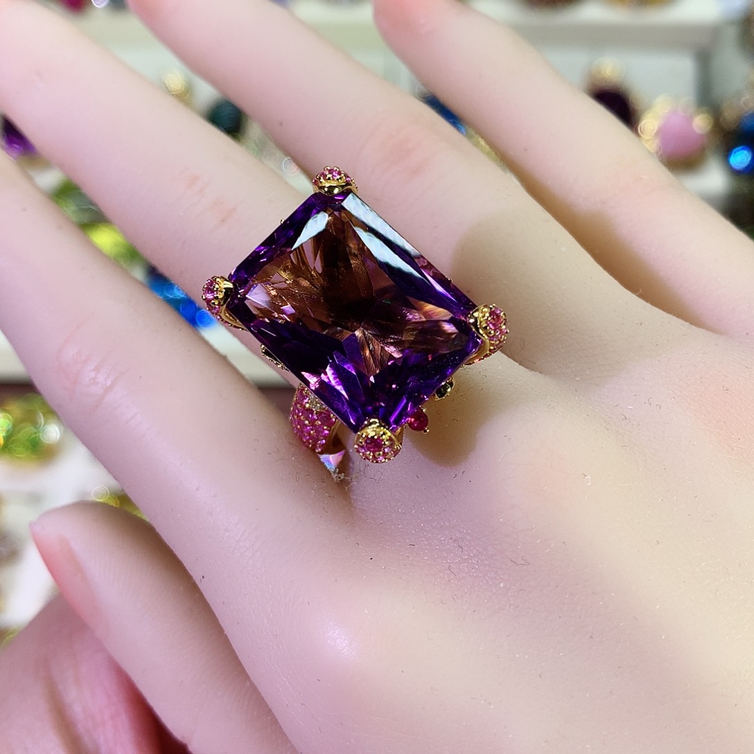 紫晶戒指银S925镀金镶嵌